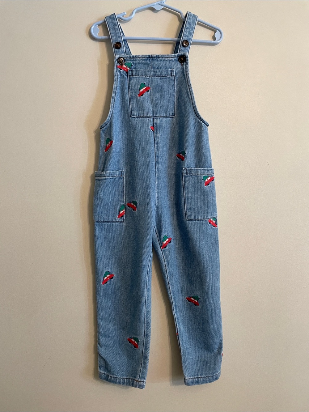 Mini Boden Girls Embroidered Denim Overalls Light Wash Size 2-3Y